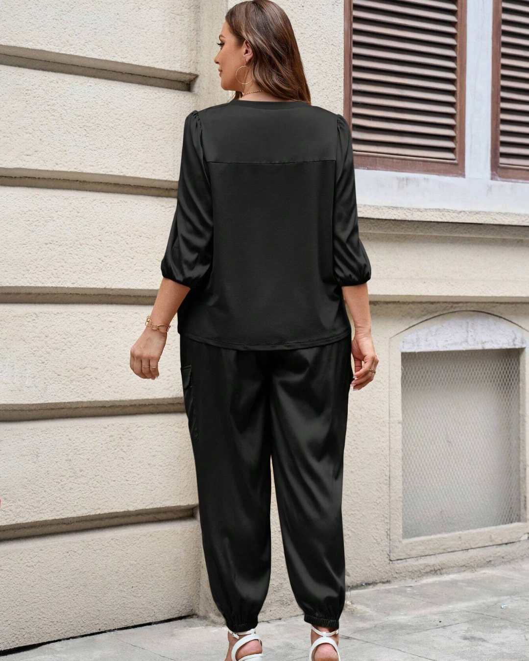 Conjunto de 2 Peças Casual de Verão para Mulher com Camisa de Manga 3/4 e Calças Capri com Cordão