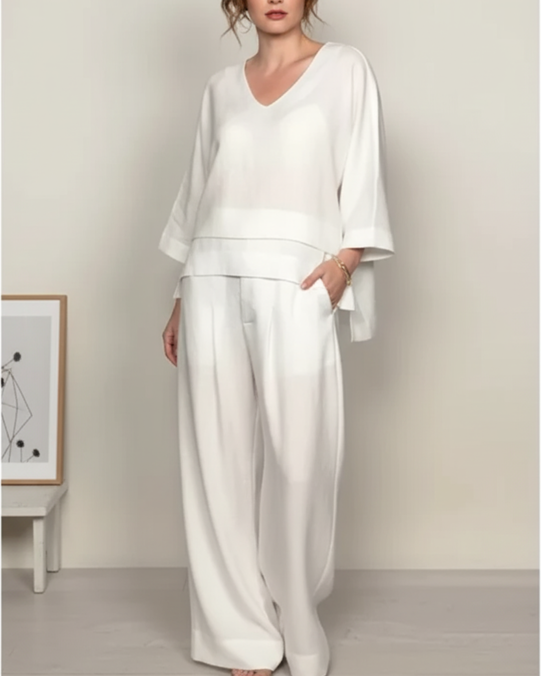 Conjunto de linho e algodão com bainha irregular e manga curta para mulher