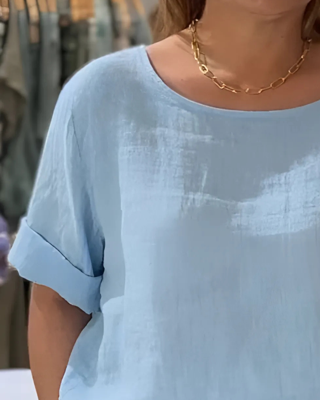 Camisa Casual de Linho com Mangas Curtas e Costura Dupla