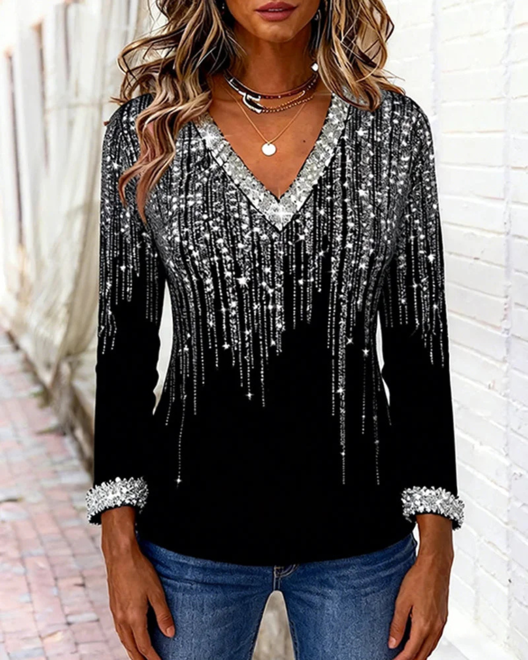 Camisa fluida com decote em V e detalhes brilhantes para mulher
