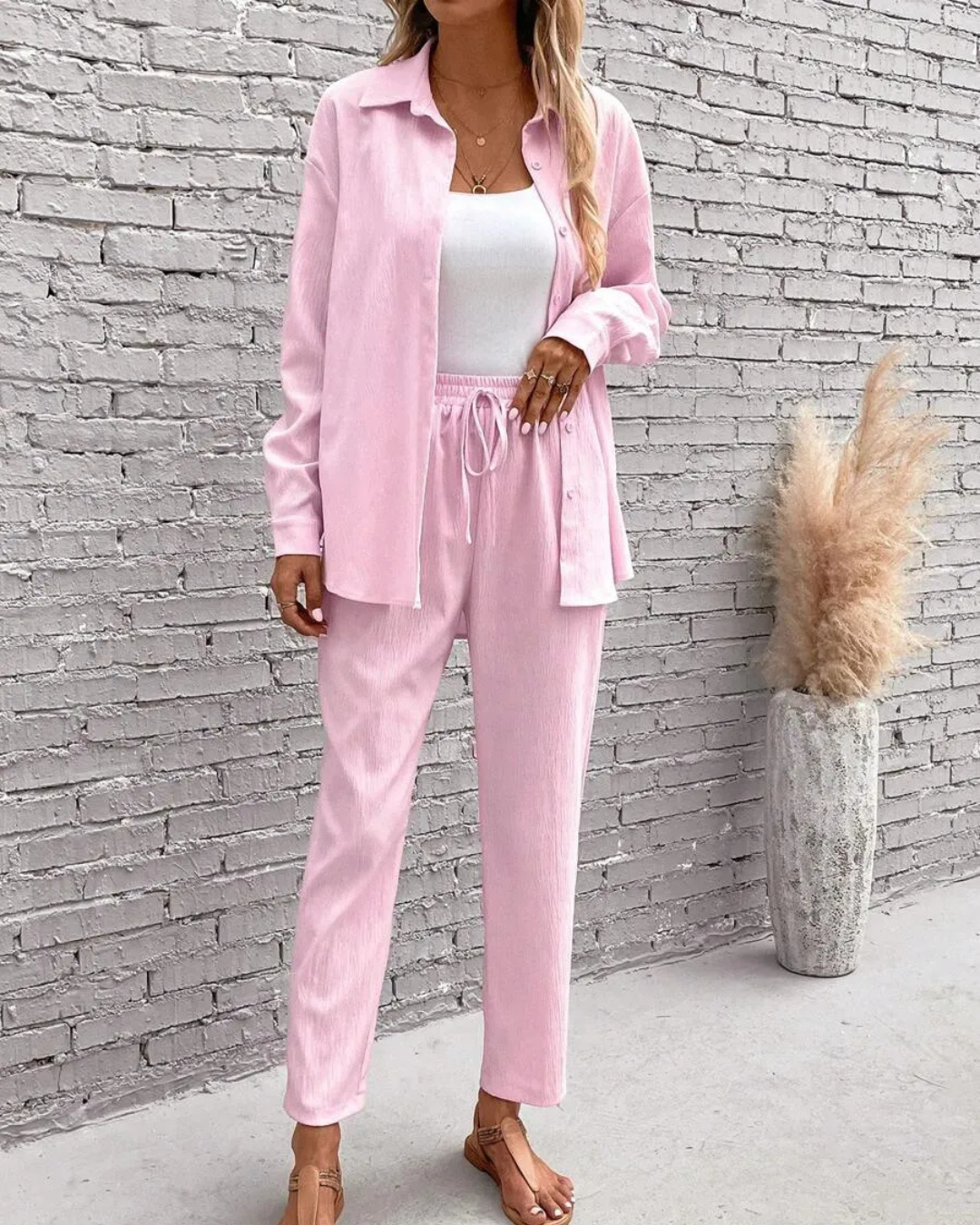 Conjunto Elegante de duas peças de Camisa com Mangas Compridas