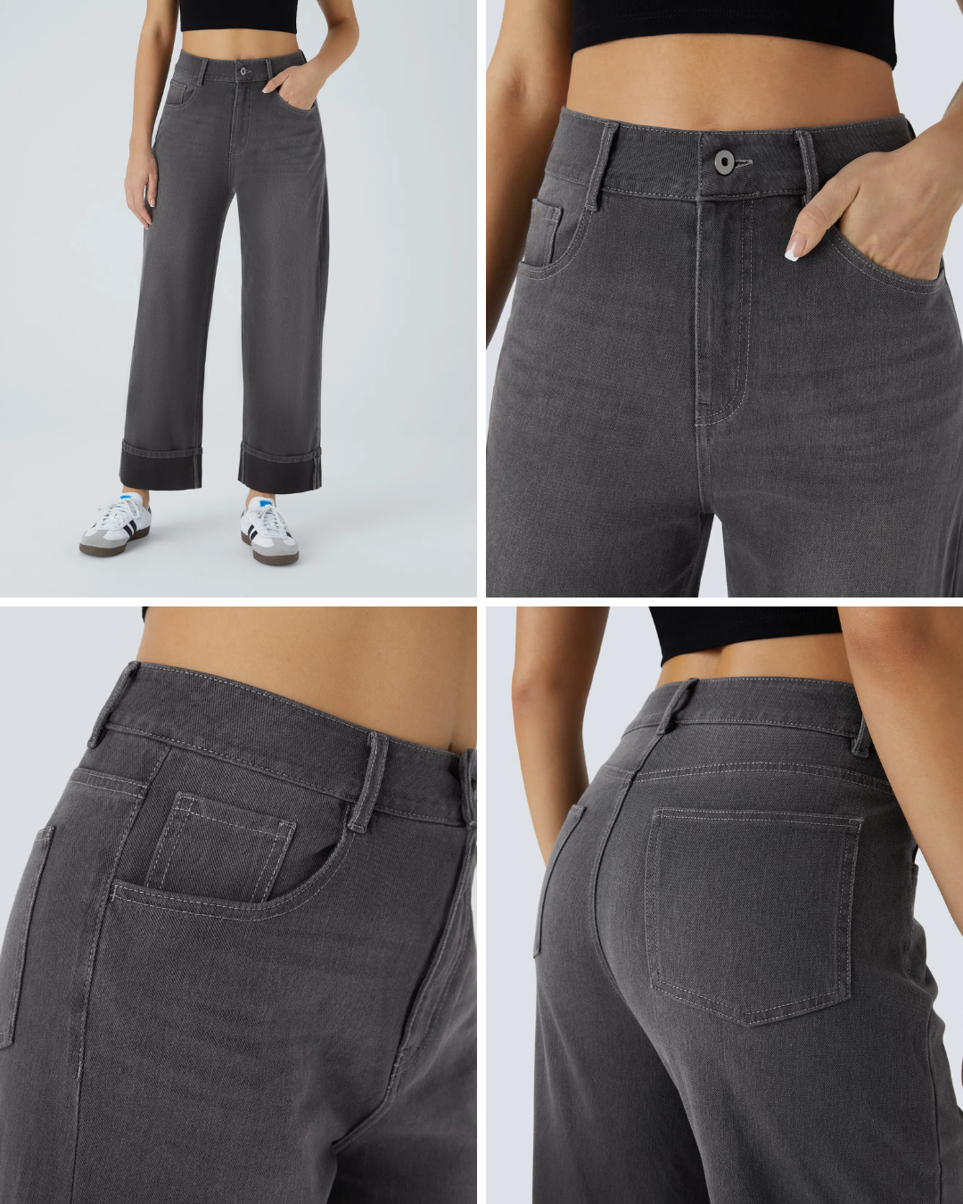 Calças Lavadas com Elástico, Bainha Enrolada, Cintura Alta, Vários Bolsos, Perna Larga