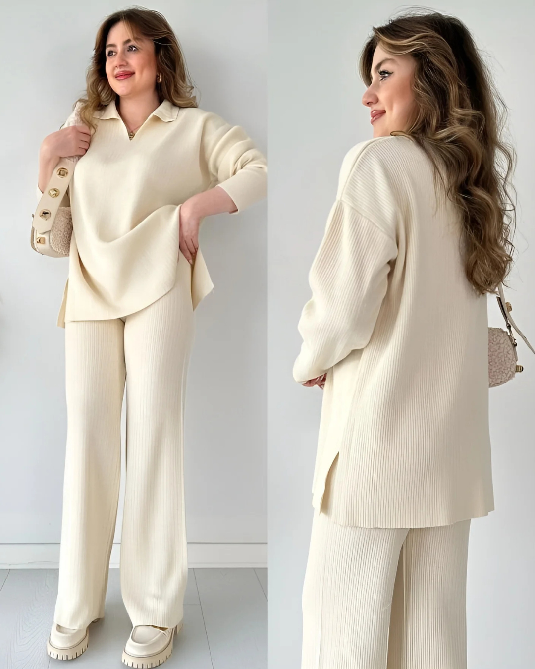 Conjunto Casual de Camisola de Malha de Manga Comprida e Calças Largas