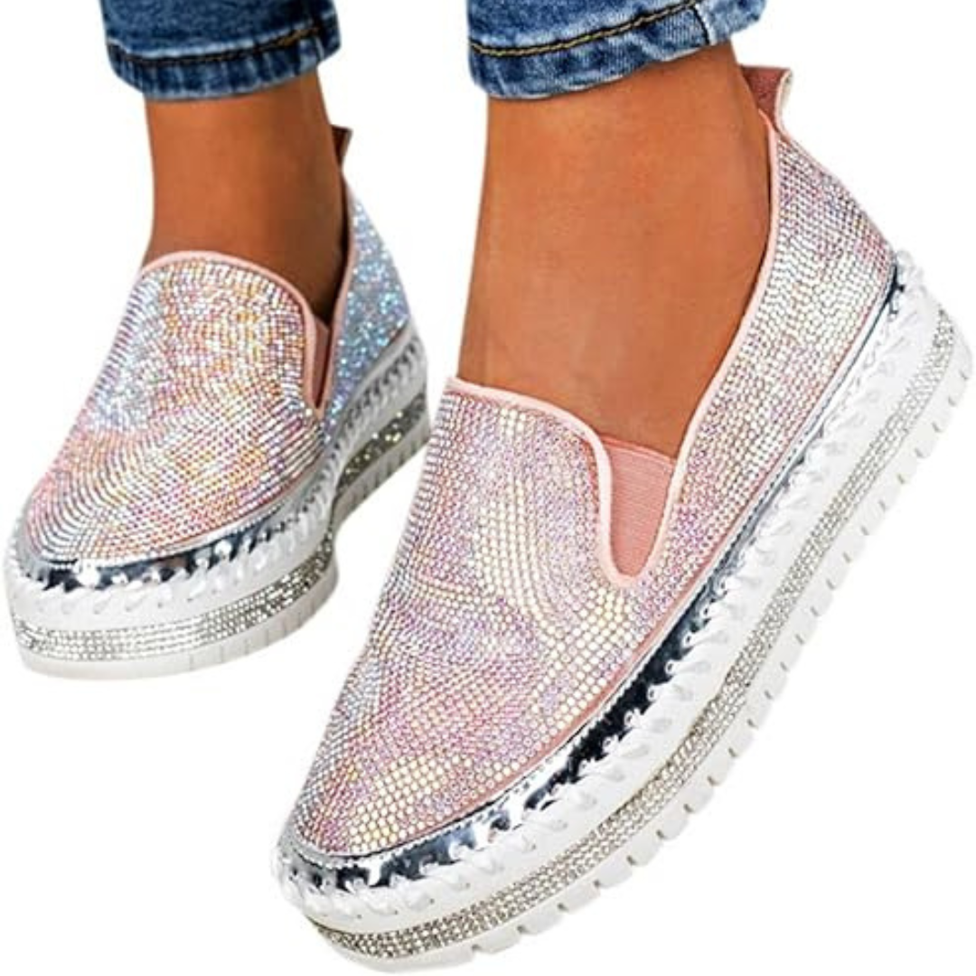 Sapatos slip-on respiráveis para mulher com plataforma e strass