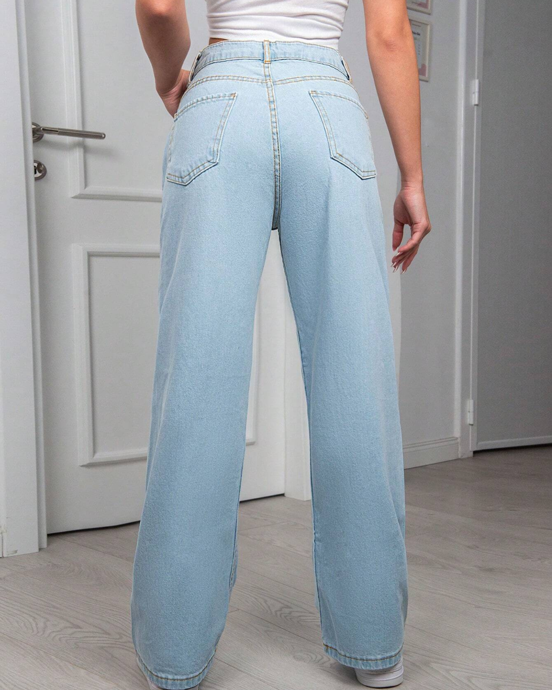 Calças de Ganga Leves de Perna Larga com Cintura Alta e Estilo Descontraído