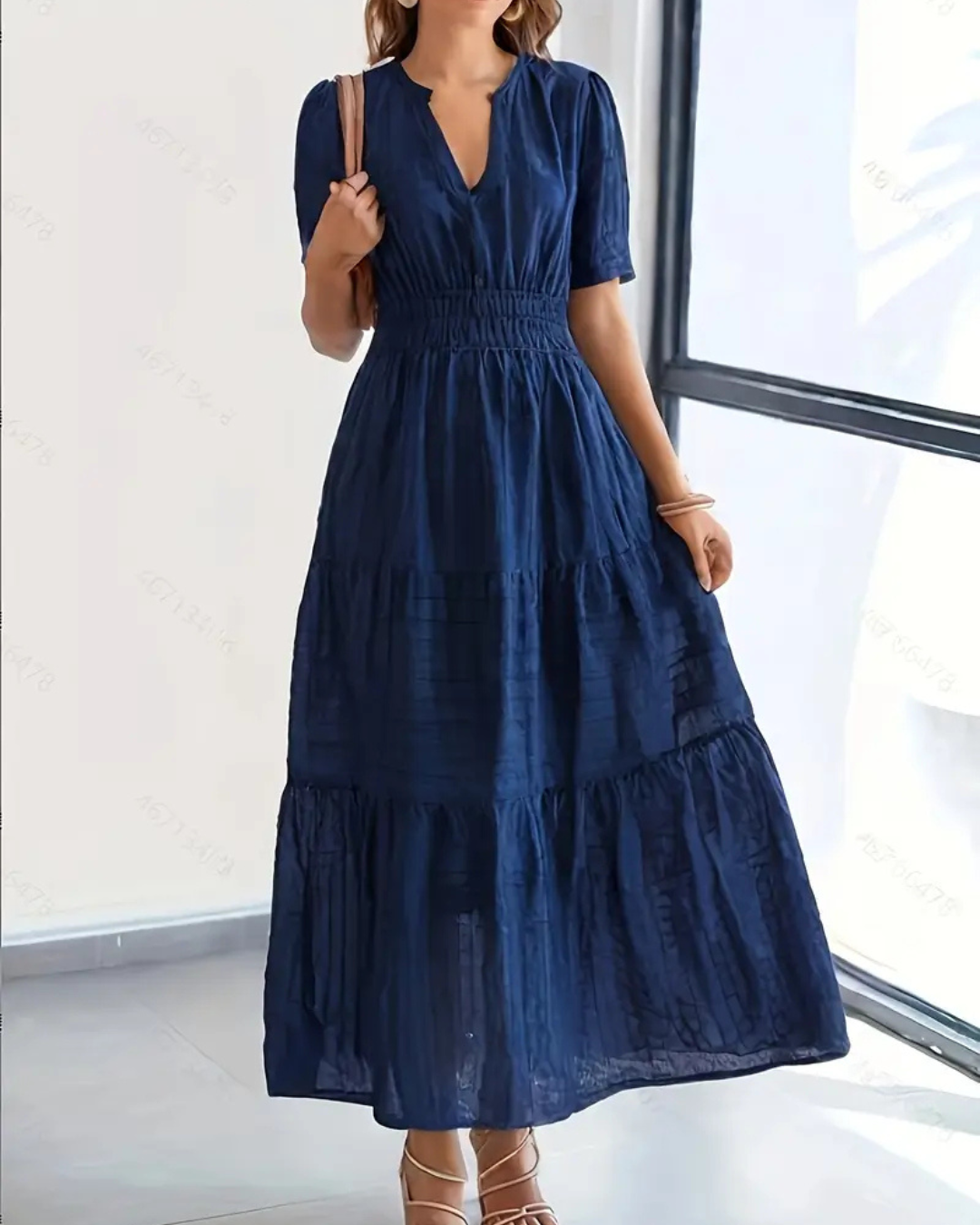 Vestido longo para mulher com manga curta, decote em V e cintura elástica