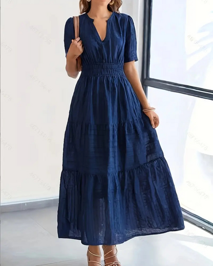 Vestido longo para mulher com manga curta, decote em V e cintura elástica