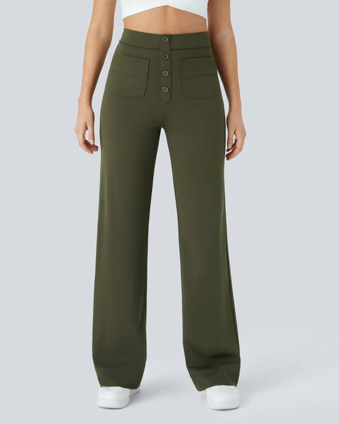 Calças Rectas de Cintura Alta com Botões Decorativos e Bolsos Frontais de Estilo Utilitário
