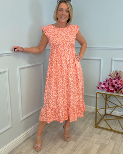 Vestido com estampado floral, cintura alta e mangas curtas para mulher