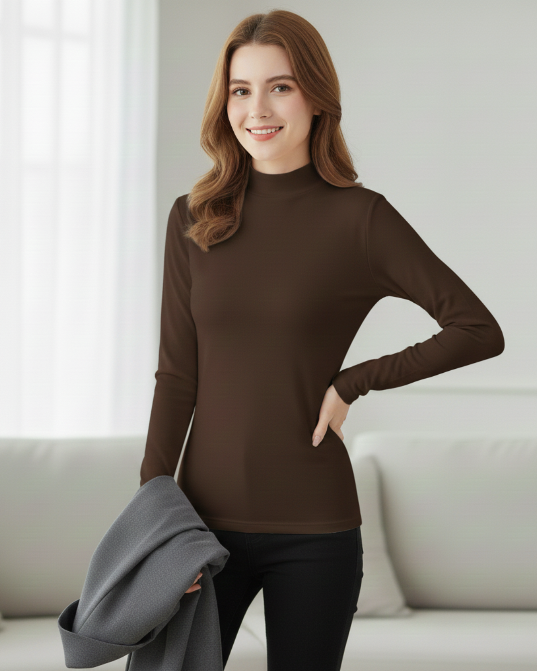 Camisola de manga comprida com gola alta para mulher