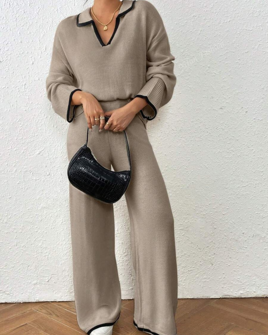 Conjunto de Camisola e Calças de Malha de 2 Peças com Acabamento em Cor Contrastante