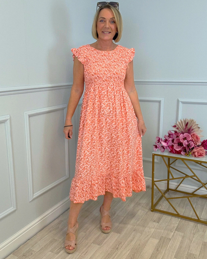 Vestido com estampado floral, cintura alta e mangas curtas para mulher