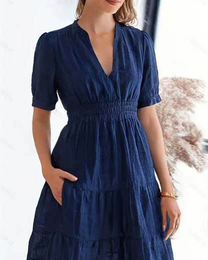 Vestido longo para mulher com manga curta, decote em V e cintura elástica