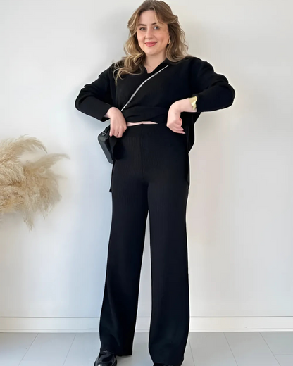 Conjunto Casual de Camisola de Malha de Manga Comprida e Calças Largas