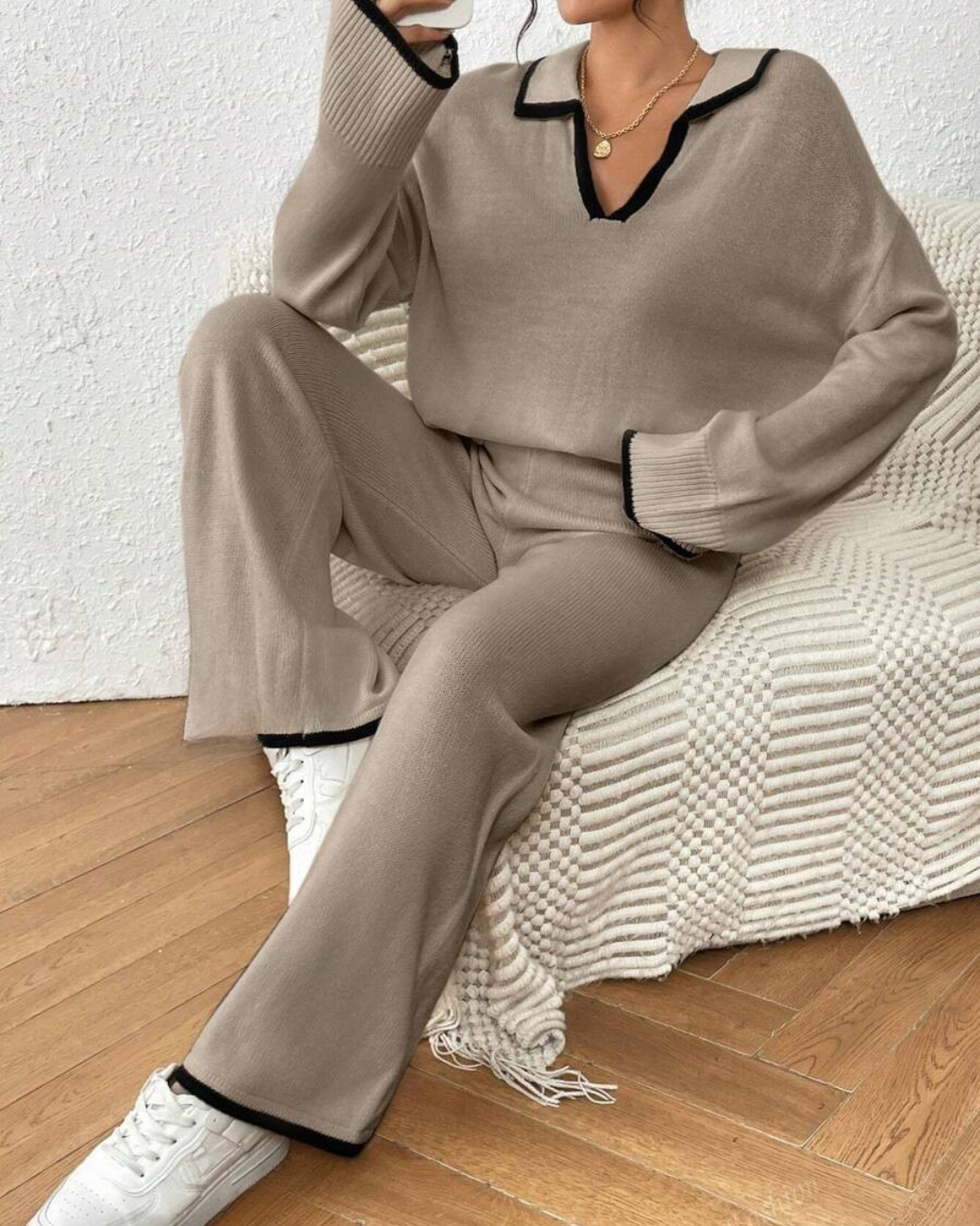 Conjunto de Camisola e Calças de Malha de 2 Peças com Acabamento em Cor Contrastante