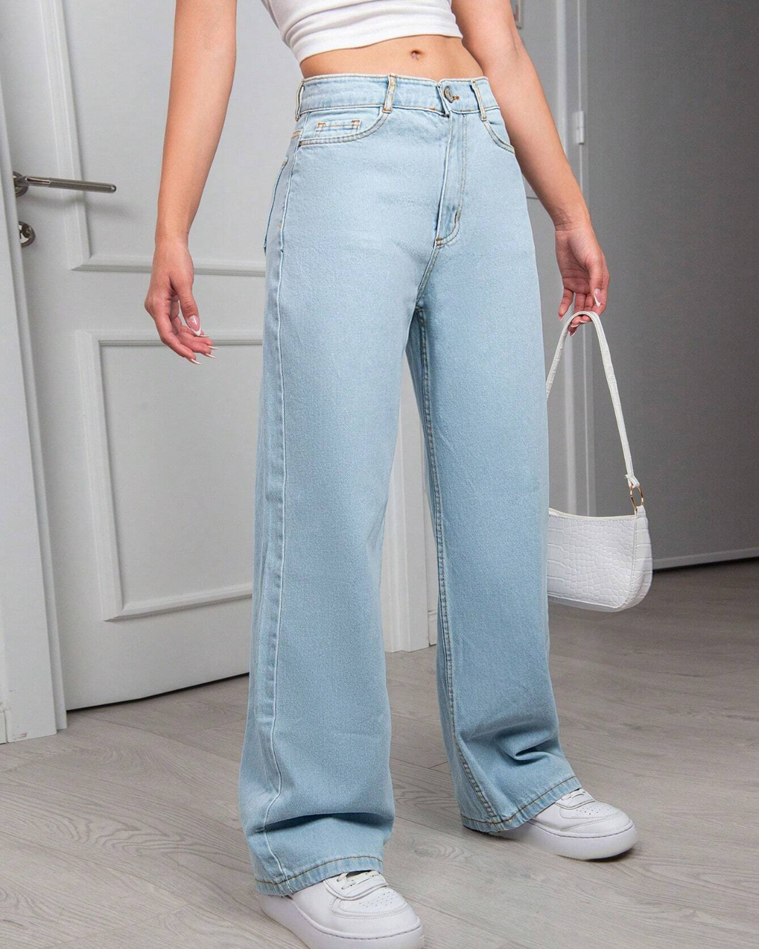 Calças de Ganga Leves de Perna Larga com Cintura Alta e Estilo Descontraído