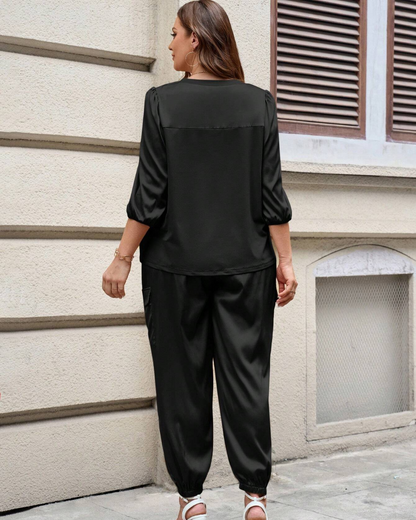 Conjunto de 2 Peças Casual de Verão para Mulher com Camisa de Manga 3/4 e Calças Capri com Cordão