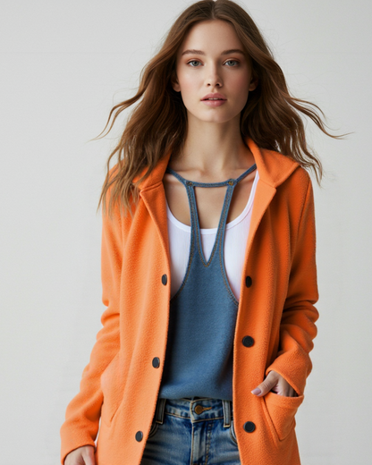 Casaco casual com botão frontal e bolsos para mulher