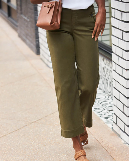 Calças rectas com bolsos traseiros com lapela