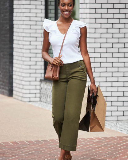 Calças rectas com bolsos traseiros com lapela