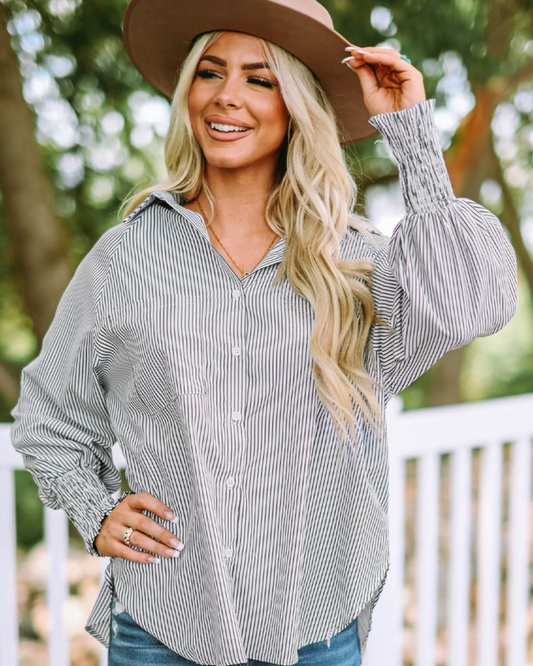 Camisa Midi com Gola Listrada e Mangas Oversized