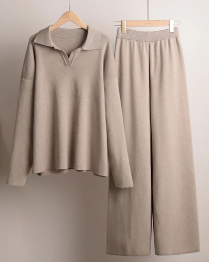 Conjunto de 2 Peças para Mulher, Hoodie com Gola tipo Polo e Calças de Perna Larga