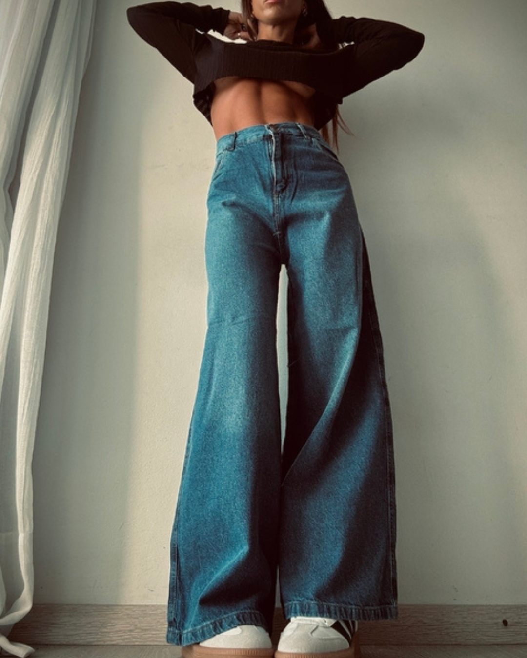 Calças de Ganga Leves de Perna Larga com Cintura Alta e Estilo Descontraído