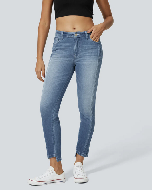 Calças de Ganga Justas em Elástico com Vários Bolsos e Fecho de Correr