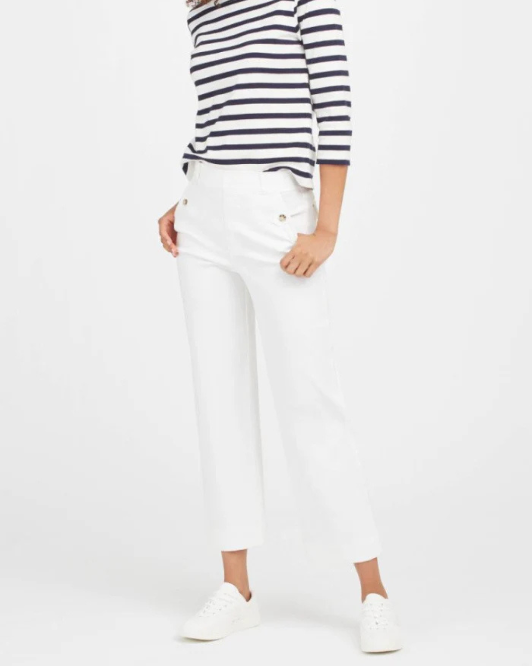 Calças rectas com bolsos traseiros com lapela