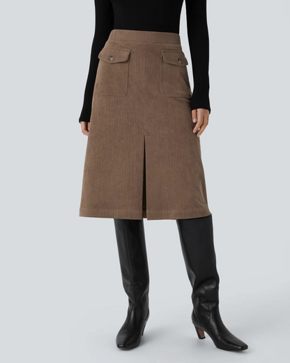 Saia Casual para Mulher com Bolsos e Aba Lateral à Frente