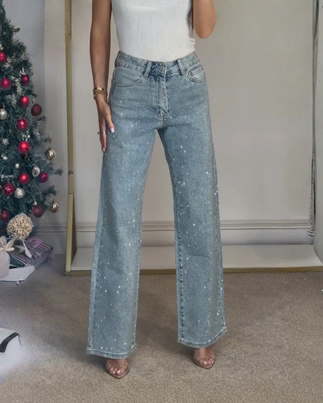 Calças de Corte Reto e Cintura Subida com Pormenores Brilhantes para Mulher