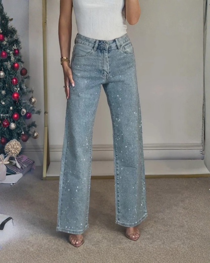 Calças de Corte Reto e Cintura Subida com Pormenores Brilhantes para Mulher