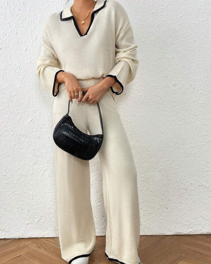 Conjunto de Camisola e Calças de Malha de 2 Peças com Acabamento em Cor Contrastante