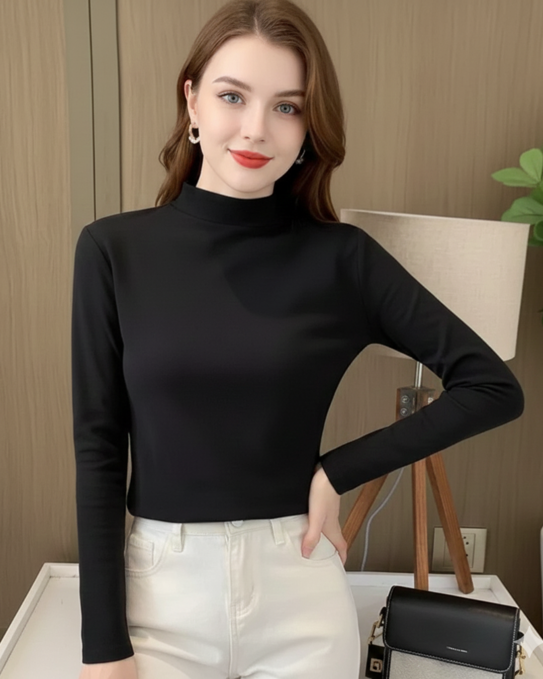 Camisola de manga comprida com gola alta para mulher