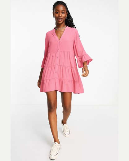 Vestido Casual de Linho Solto com Decote em V e Mangas 3/4 para Mulher