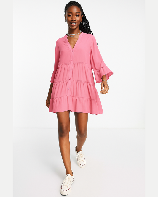 Vestido Casual de Linho Solto com Decote em V e Mangas 3/4 para Mulher