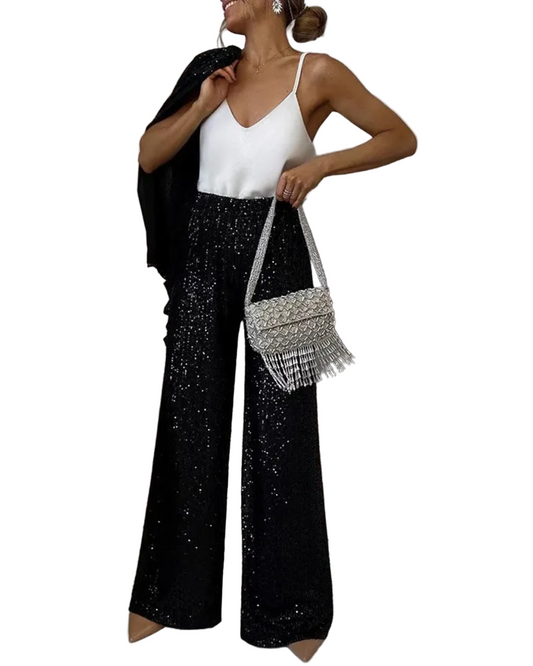 Conjunto de Lantejoulas Blazer e Calças Largas para Mulher