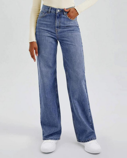 Calça Jeans Feminina Cintura Alta com Pernas Largas e Bolsos Múltiplos