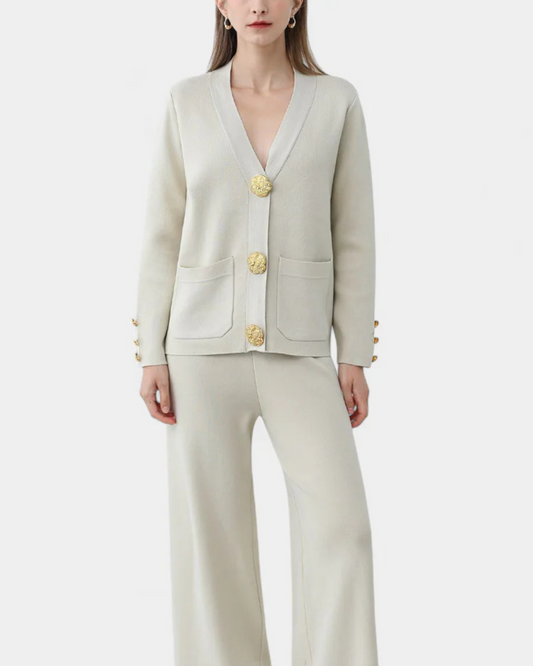 Conjunto de camisola de lã com botões metálicos e calças largas para mulher