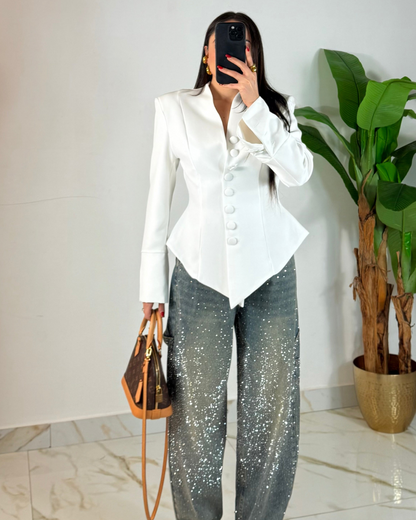 Blazer Feminino Elegante com Decote em V e Botões Forrados Moderno e Ajustado