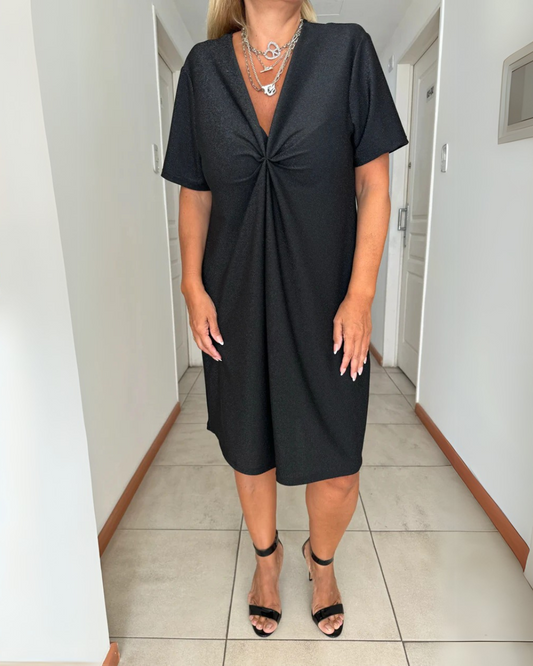 Vestido de Manga Curta com Folhos no Peito para Mulher