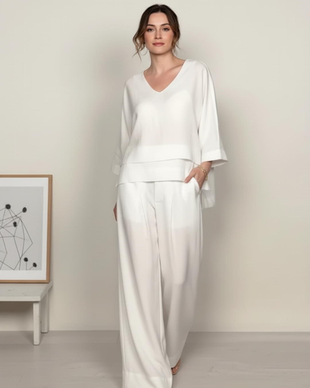 Conjunto de linho e algodão com bainha irregular e manga curta para mulher