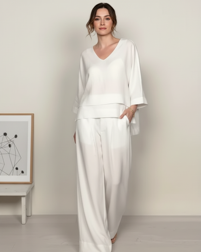 Conjunto de linho e algodão com bainha irregular e manga curta para mulher