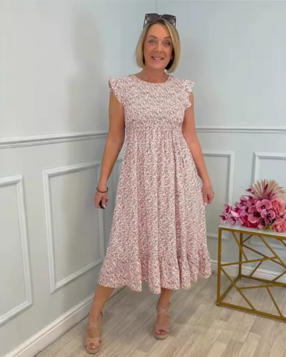 Vestido com estampado floral, cintura alta e mangas curtas para mulher