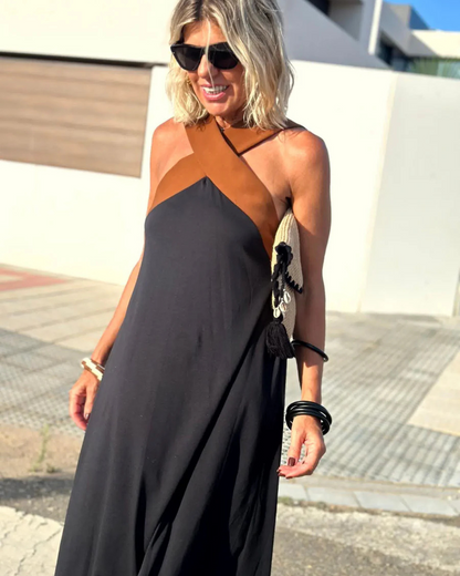 Vestido longo elegante com decote cruzado sem mangas para mulher