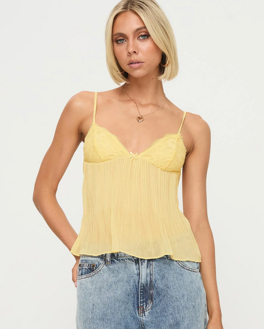 Top de Renda e Chiffon Plissado com Alças Finas