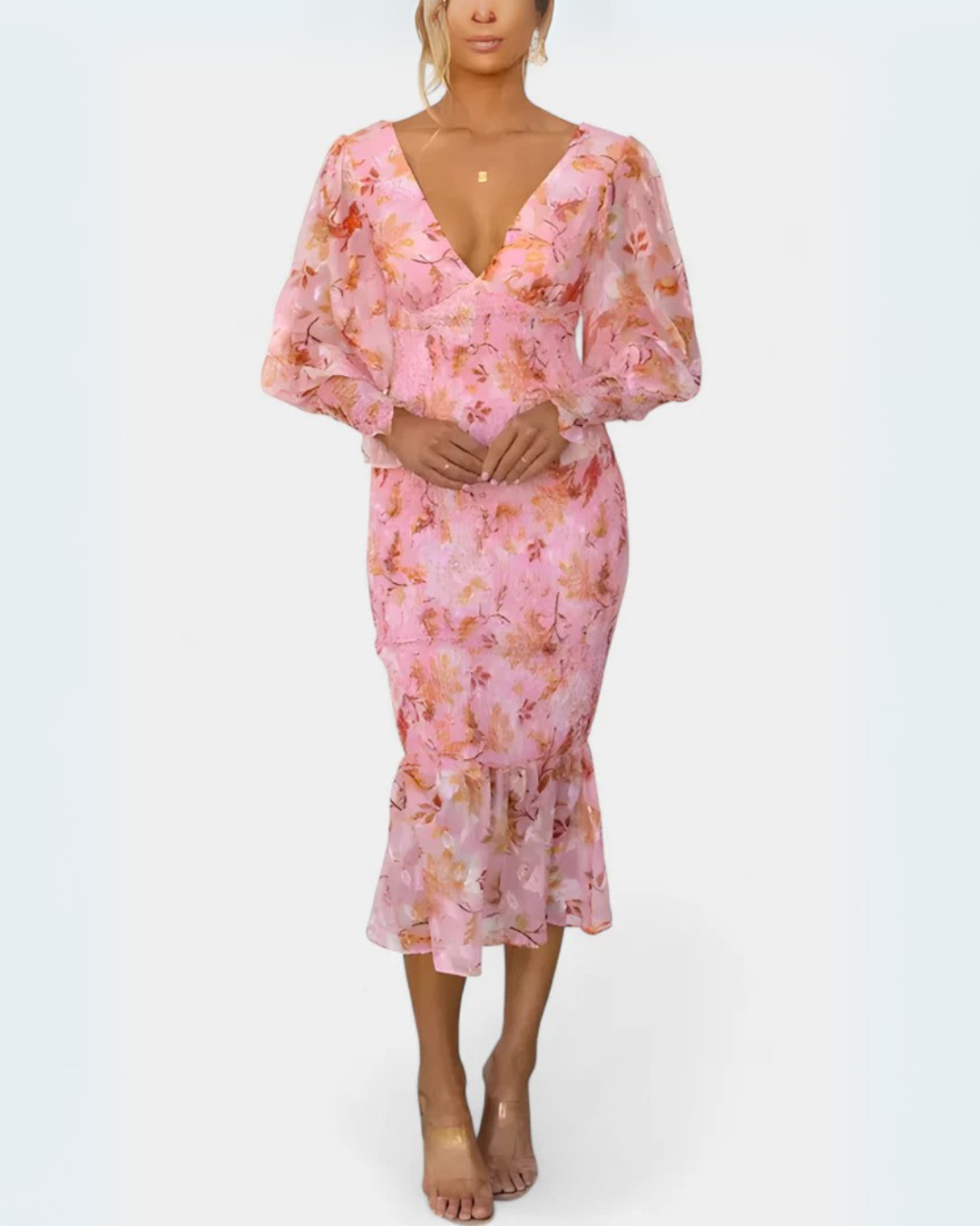 Vestido floral com cintura franzida e mangas compridas