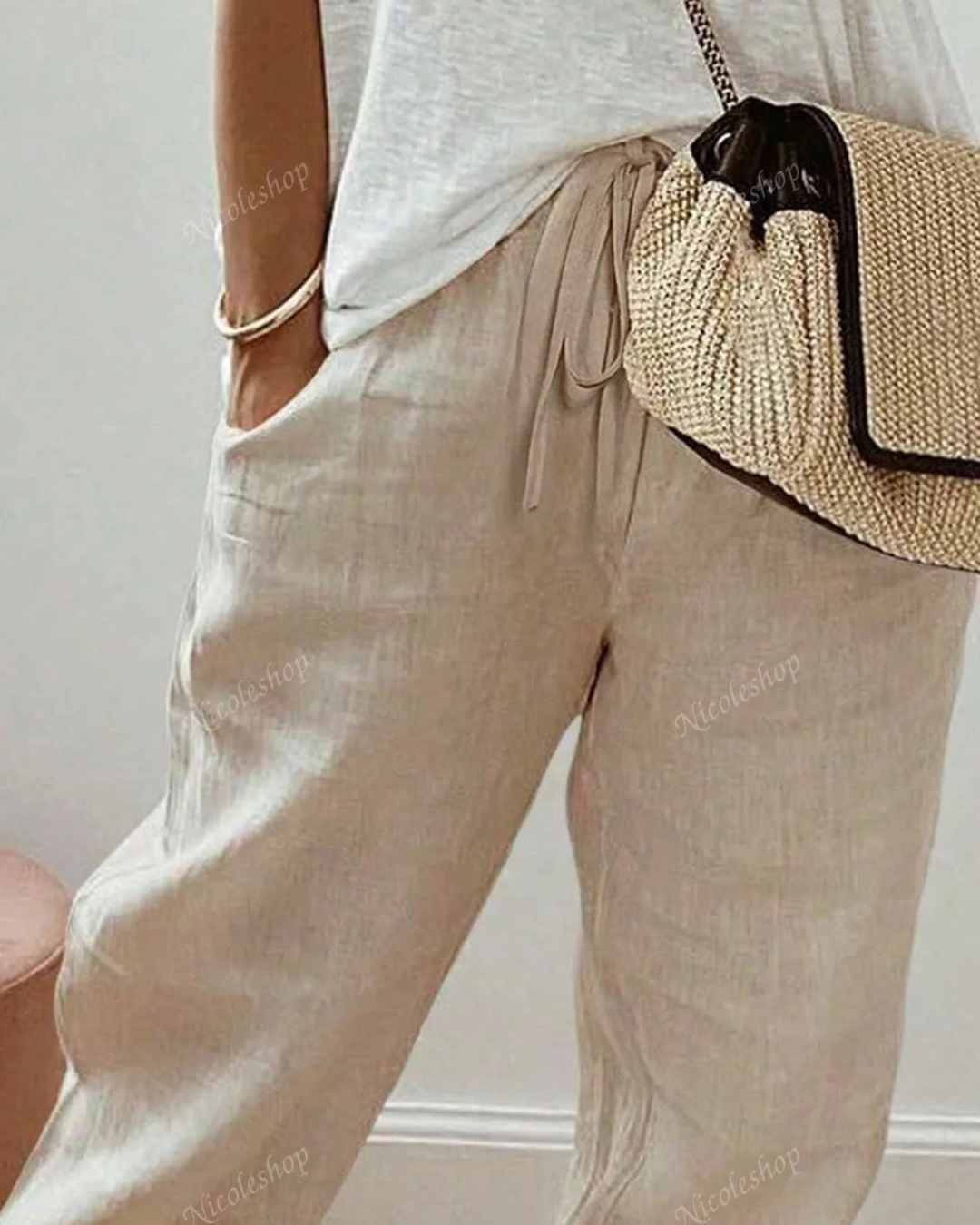 Calças Capri de algodão e linho para mulher