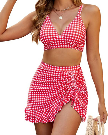 Biquíni xadrez com top e saia com folhos