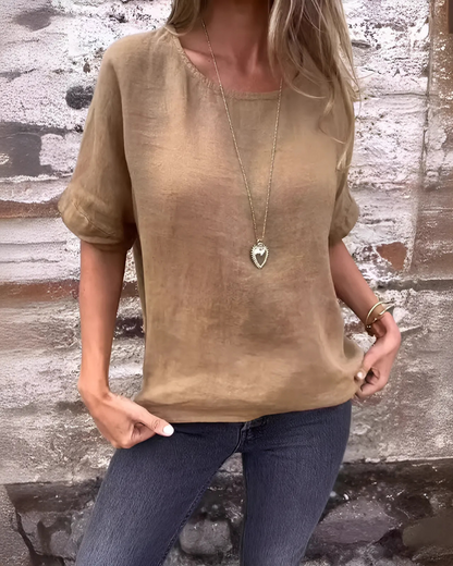 Blusa de Linho e Algodão com Gola Redonda e Meia Manga